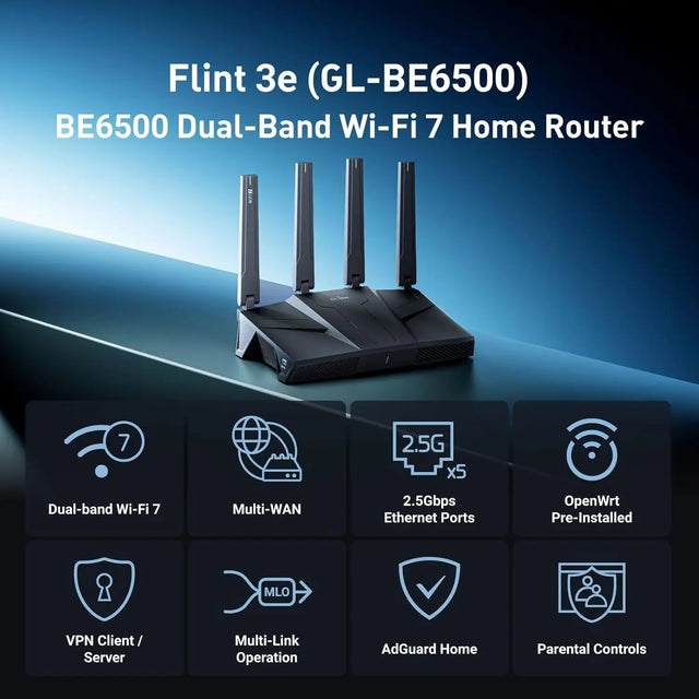 GL.iNet GL-BE6500 (Flint 3e) WiFi 7 Router High-Speed for Wireless Internet w/VPN 5 x 2.5G Ethernet Port Fiber Optic