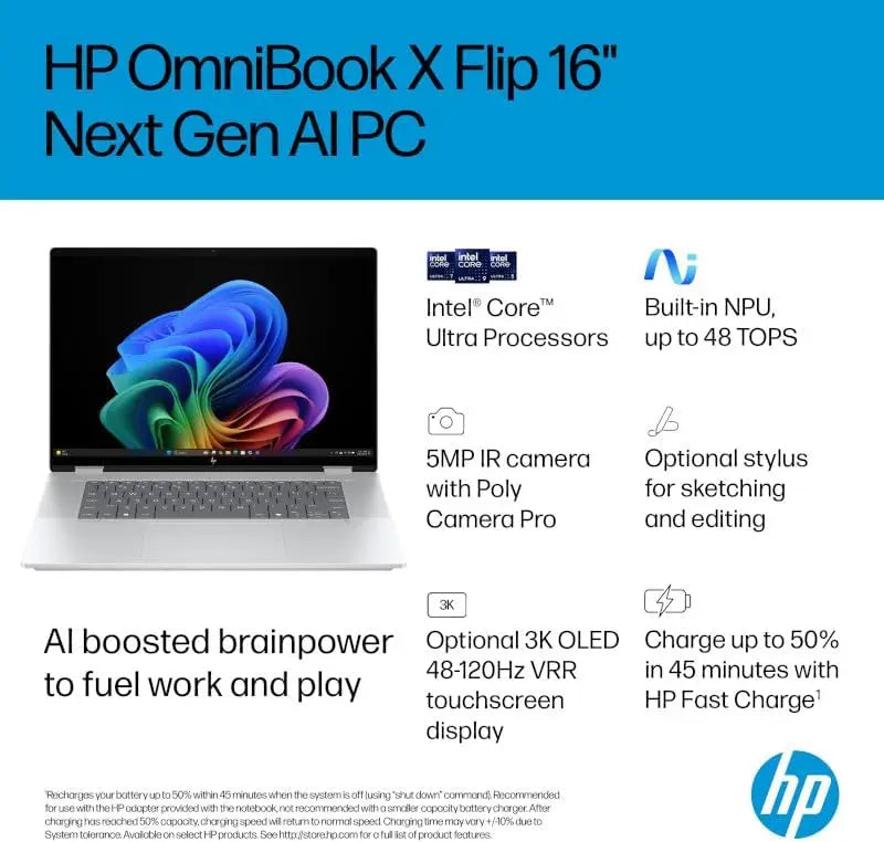 HP OmniBook X Flip Next Gen AI Laptop 16’’ 2K Touch Display Built-in Intel Core Ultra 5 226V Processor 16GB RAM 512GB