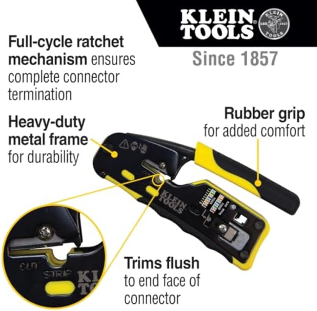 KLEIN TOOLS A-VDV226-110 Pass Thru RJ45 Racheting Compact Crimp Tool Yellow/Black