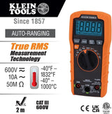 Klein Tools MM420 Digital Multimeter – TRMS Auto-Ranging Measures 600V AC/DC 10A Current Temperature Capacitance &