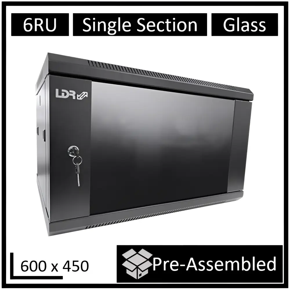 LDR Assembled 6U Wall Mount Cabinet (600mm x 450mm) Glass Door - Black Metal Construction - Top Fan Vents - Side Access