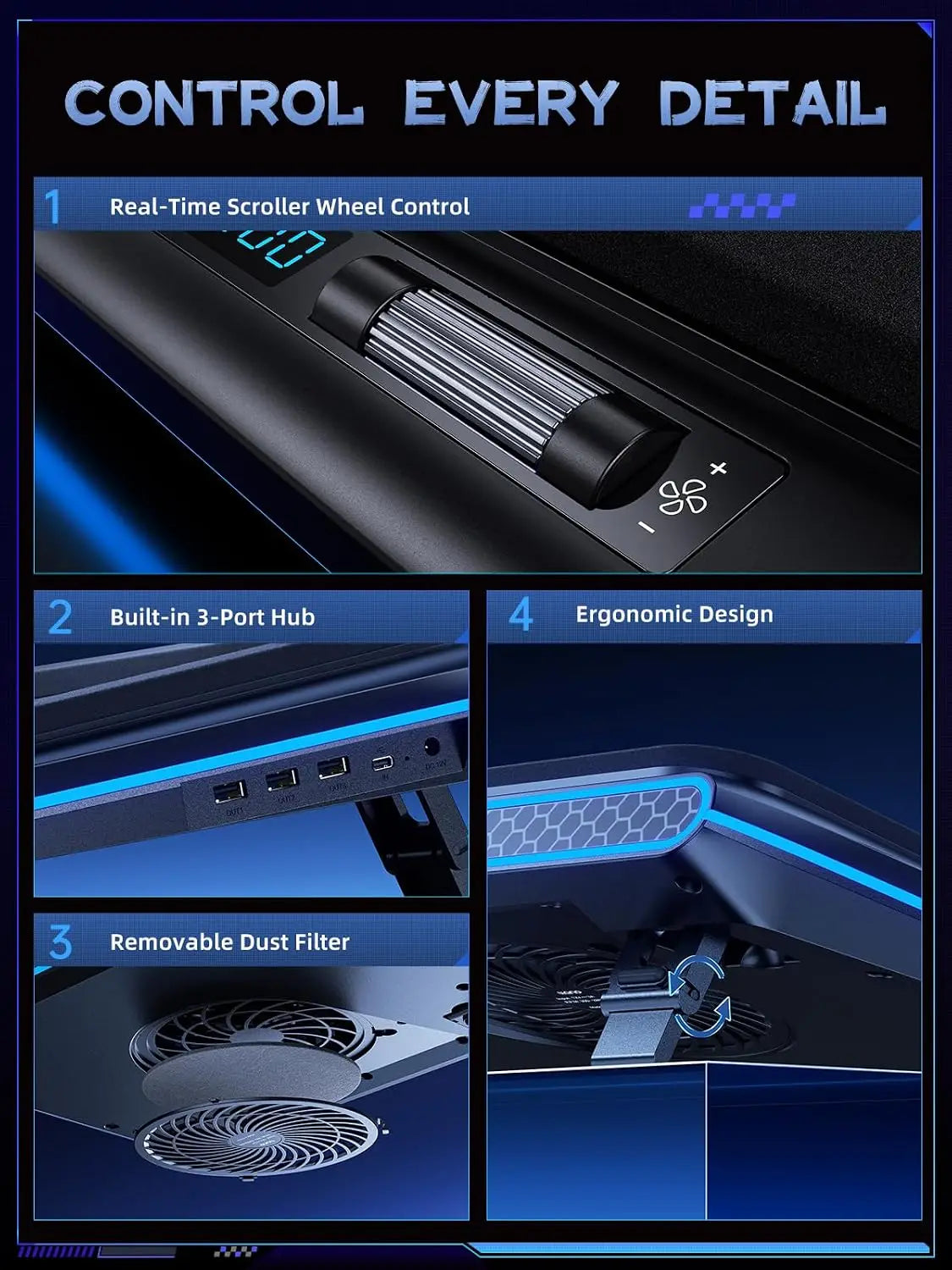 llano RGB Laptop Cooling Pad with Powerful Turbofan Gaming Cooler Infinitely Variable Speed,Touch Control,LCD