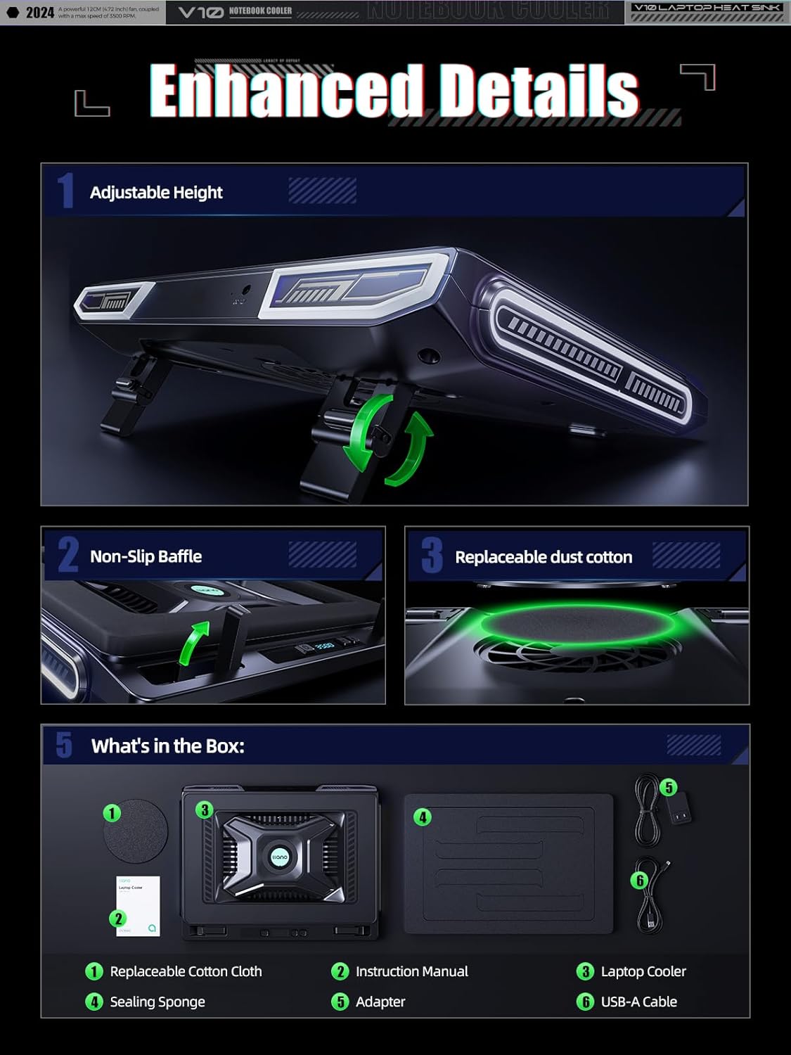 llano V10 SE Gaming Cooler Cooling Pad Stand with 10.5 CM External Fan Fast Computer 13-17.3in Adjustable Speed Control