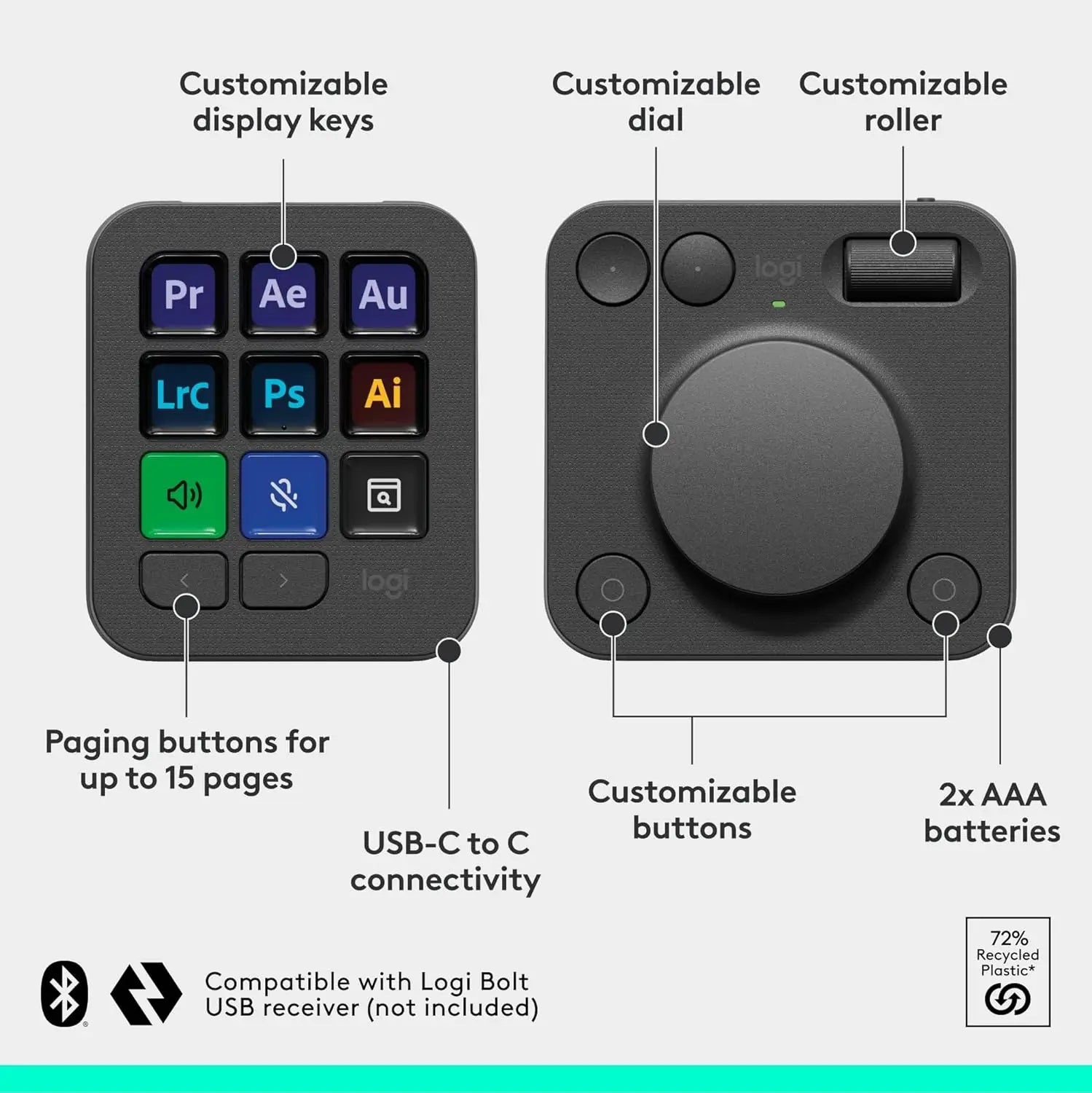 Logitech MX Creative Console Programmable Keypad with 9 Customizable LCD Keys and Control Dial for Graphic Design Video