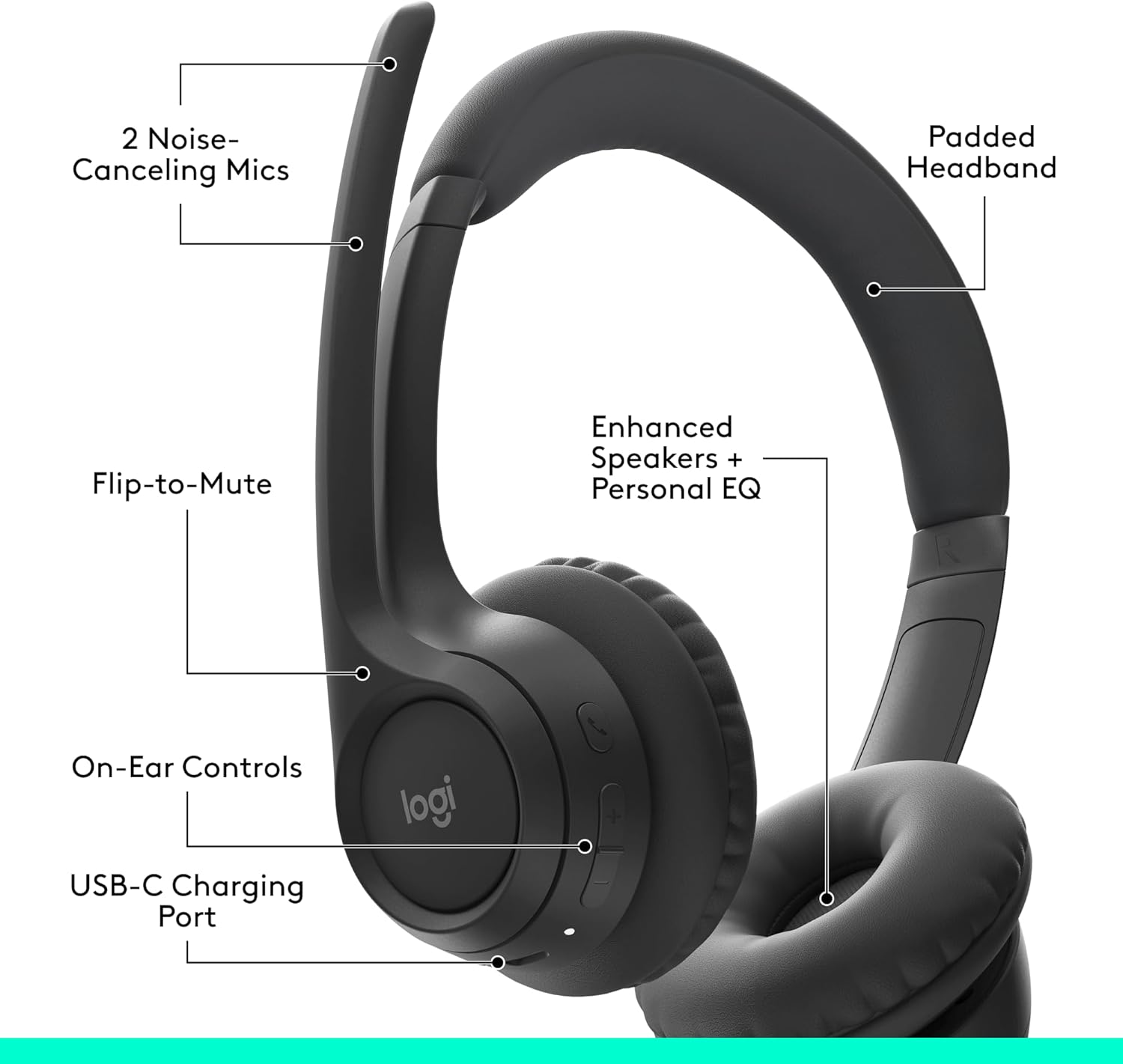 Logitech Zone 300 Wireless Bluetooth Headset with Noise-Canceling Microphone Compatible Windows Mac Chrome Linux iOS