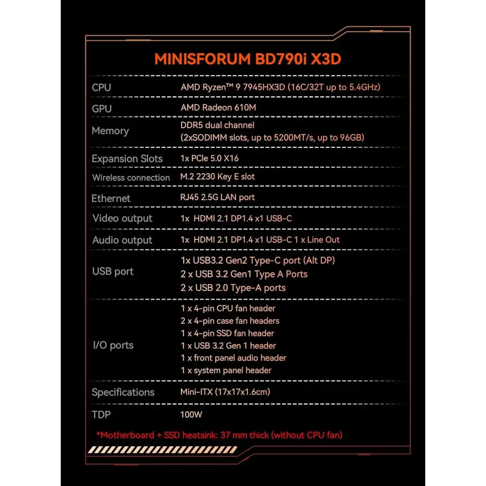 MINISFORUM BD790I X3D Mini ITX Motherboard Integrated AMD Ryzen 9 7945HX3D up to 5.4 GHz 16C/32T 144MB Cache,PCIe 5.0