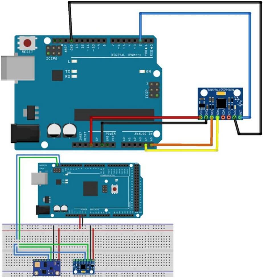 Wiring diagram of MPU-6050 module with Arduino and breadboard for prototyping setups.