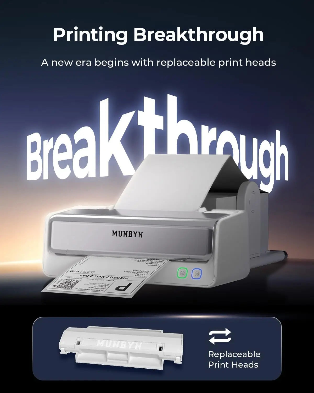 MUNBYN Bluetooth Thermal Shipping Label Printer 4x6 Built-in Paper Holder | Replaceable Printhead Two-Colour with Media