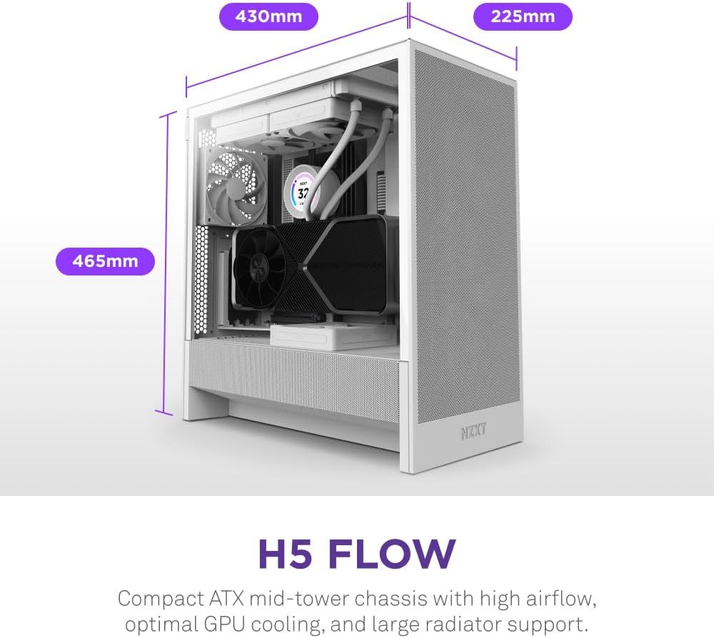 NZXT H5 Flow Compact ATX Mid-Tower PC Gaming Case - High Airflow - 2 x 120mm Fans Included - 360mm Front & 240mm Top