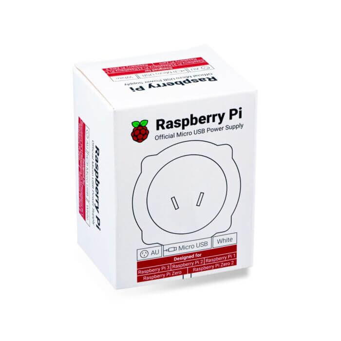 Official Raspberry Pi Micro USB power supply box, designed for Raspberry Pi models.