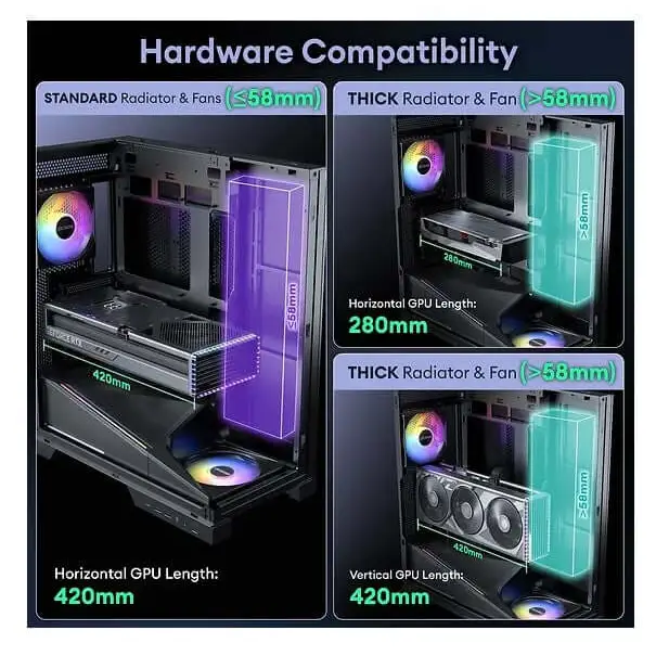 OKINOS AQ93 3-Sided Pannoramic ViewTempered Glass,ATX USB-C Pre-Installed 2×120mm ARGB PWM Fan Mid Tower Case