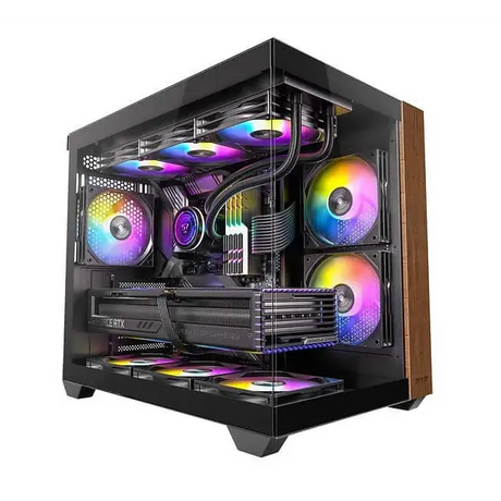 OKINOS M6 ARGB ATX Genuine Walnut Wood Panoramic View Type-C 4 x120mm & PWM Fans included,Tempered Glass Side Panel