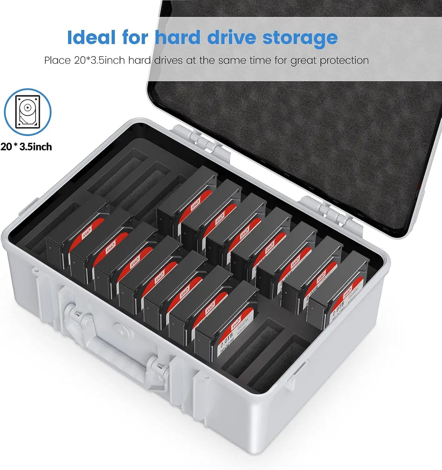ORICO Hard Drive Case 3.5inch 20-Bay Multi-Protection HDD Storage Box Suitcase with Foam External Carrying Anti-Static