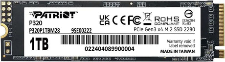 Patriot P320 1TB Internal SSD - NVMe PCIe Gen 3x4 - M.2 2280 - Solid State Drive