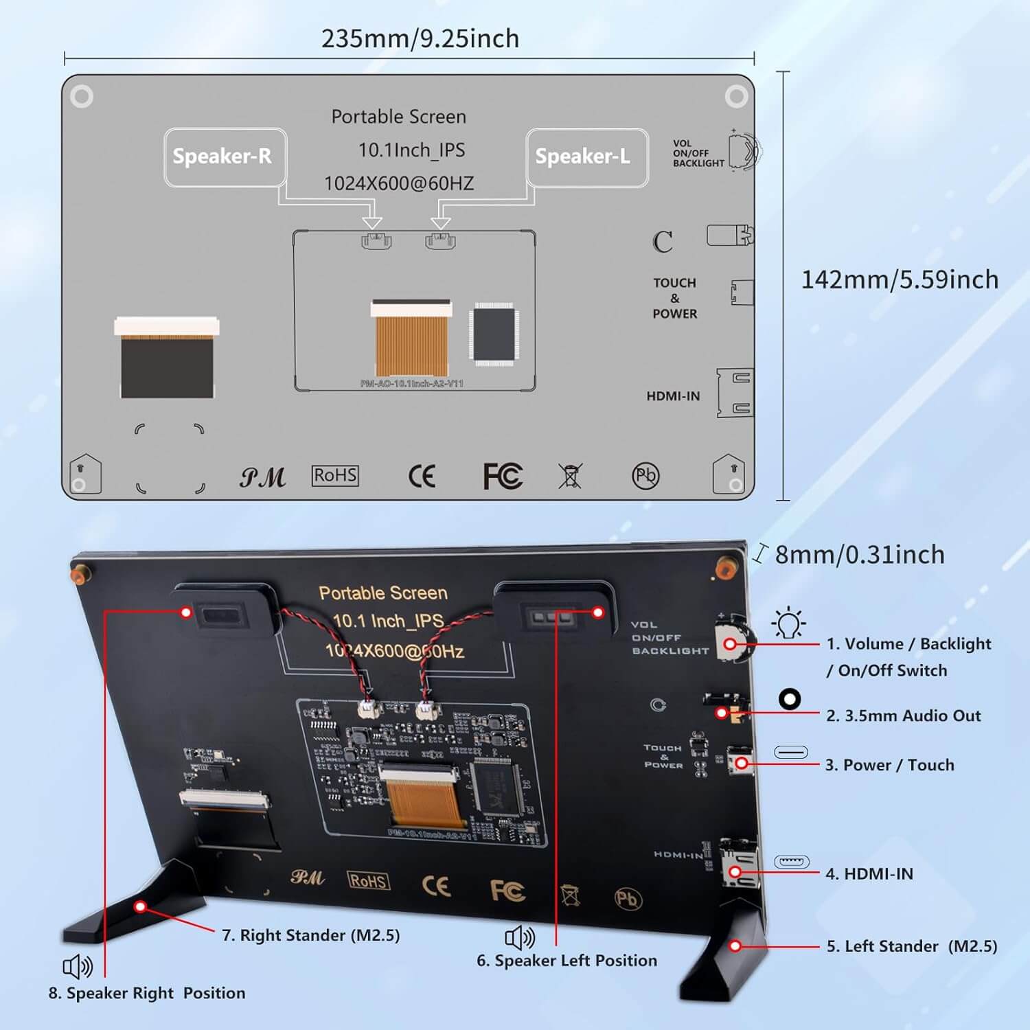 PC Mart 10.1 Inch LCD Screen for Raspberry Pi 1024x600 IPS LCD Display HDMI Portable Monitor for Raspberry Pi 5/Pi