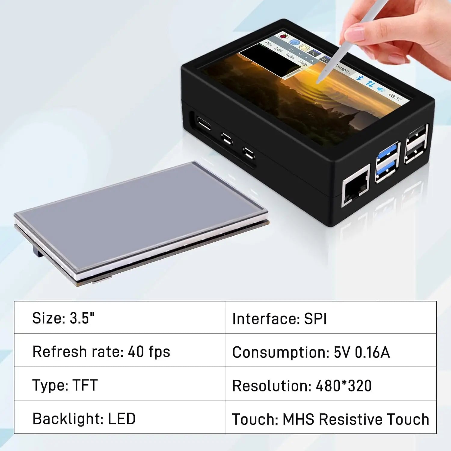 PC Mart 3.5 inch HDMI Touch Screen with Case for Raspberry Pi 5 Official Active Cooler 320x480 Monitor TFT LCD Display