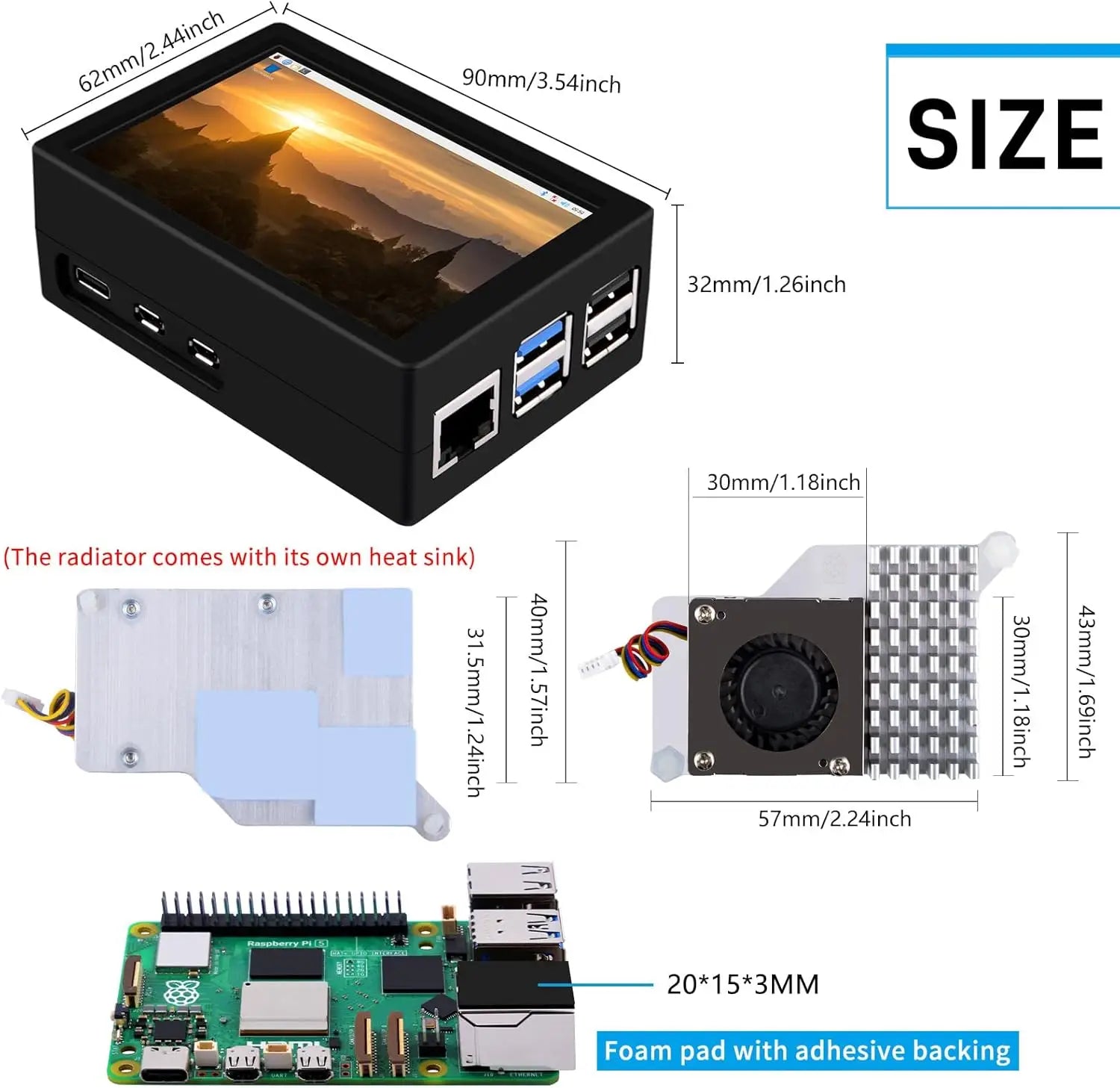 PC Mart 3.5 inch HDMI Touch Screen with Case for Raspberry Pi 5 Official Active Cooler 320x480 Monitor TFT LCD Display
