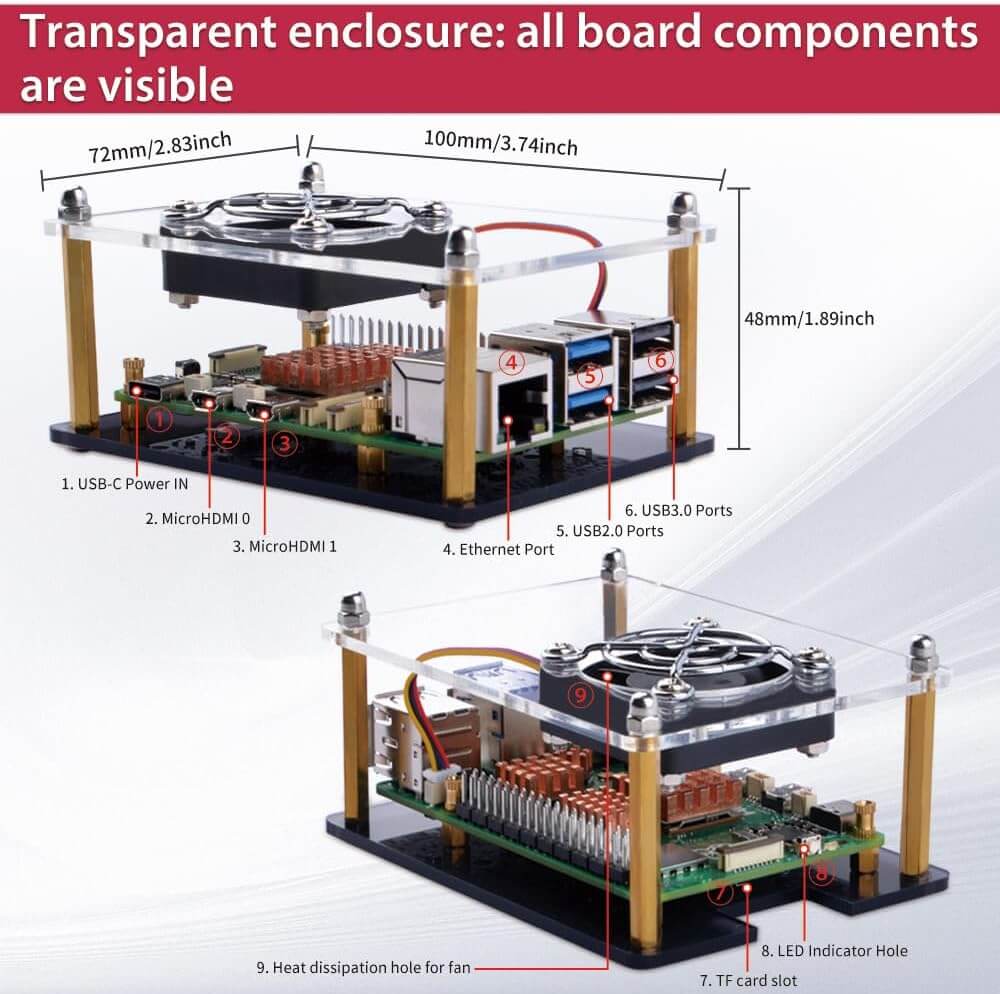 PC Mart Acrylic Case with Fan and 4 Heatsinks for Raspberry Pi 5
