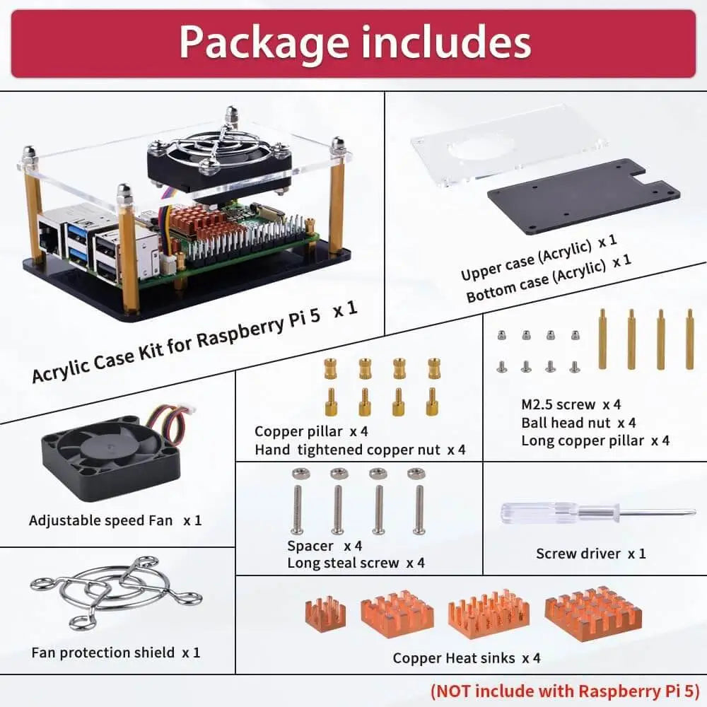 PC Mart Acrylic Case with Fan and 4 Heatsinks for Raspberry Pi 5