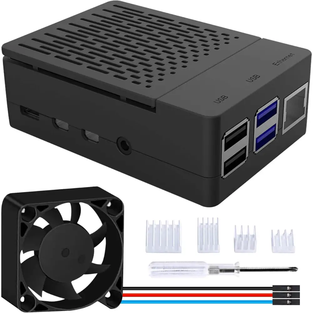 PC Mart Case for Raspberry Pi 4 Fan ABS with PWM Cooling 40X40X10mm and 4pcs Heatsink Model B (Black Large Fan)