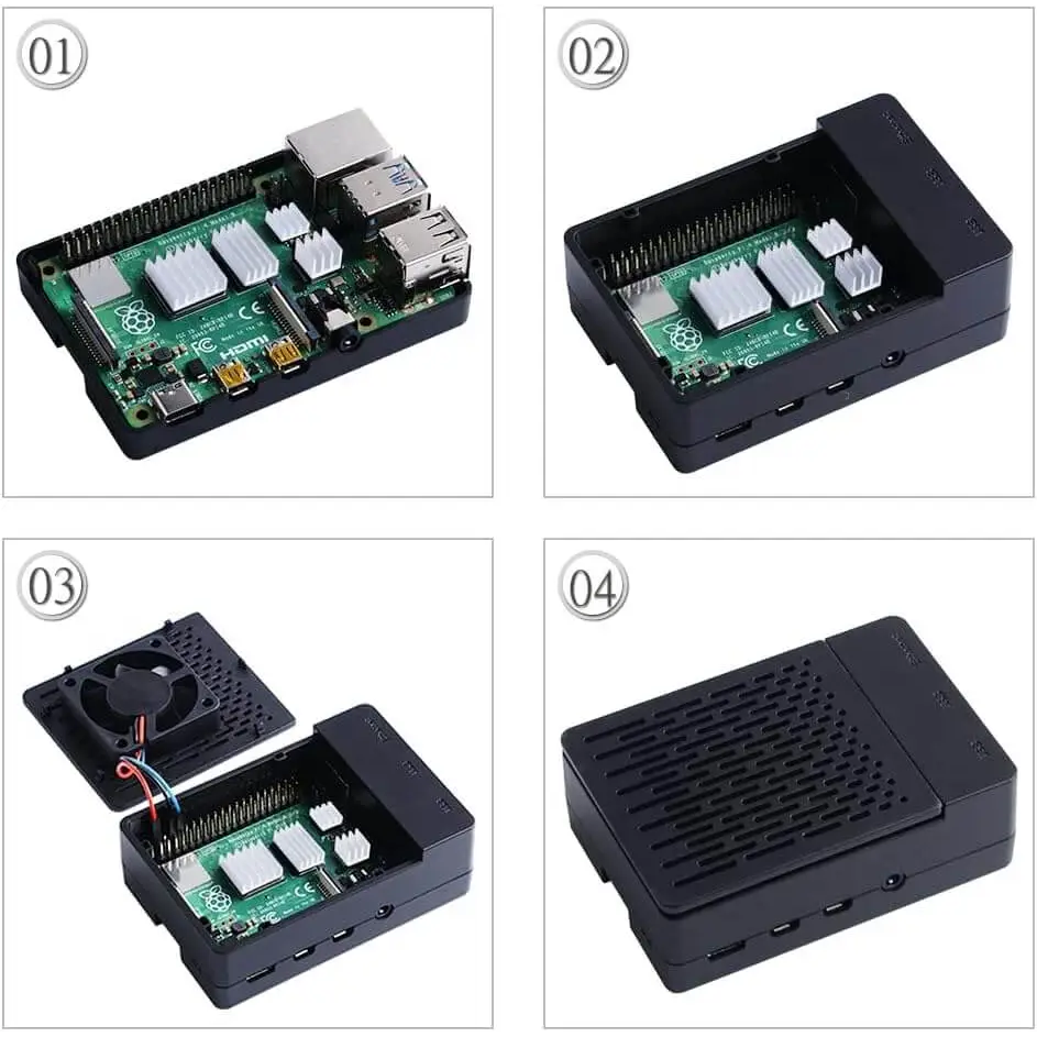 PC Mart Case for Raspberry Pi 4 Fan ABS with PWM Cooling 40X40X10mm and 4pcs Heatsink Model B (Black Large Fan)