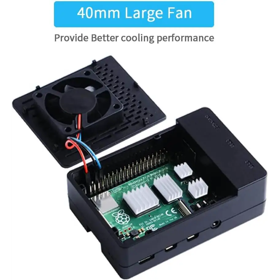 PC Mart Case for Raspberry Pi 4 Fan ABS with PWM Cooling 40X40X10mm and 4pcs Heatsink Model B (Black Large Fan)