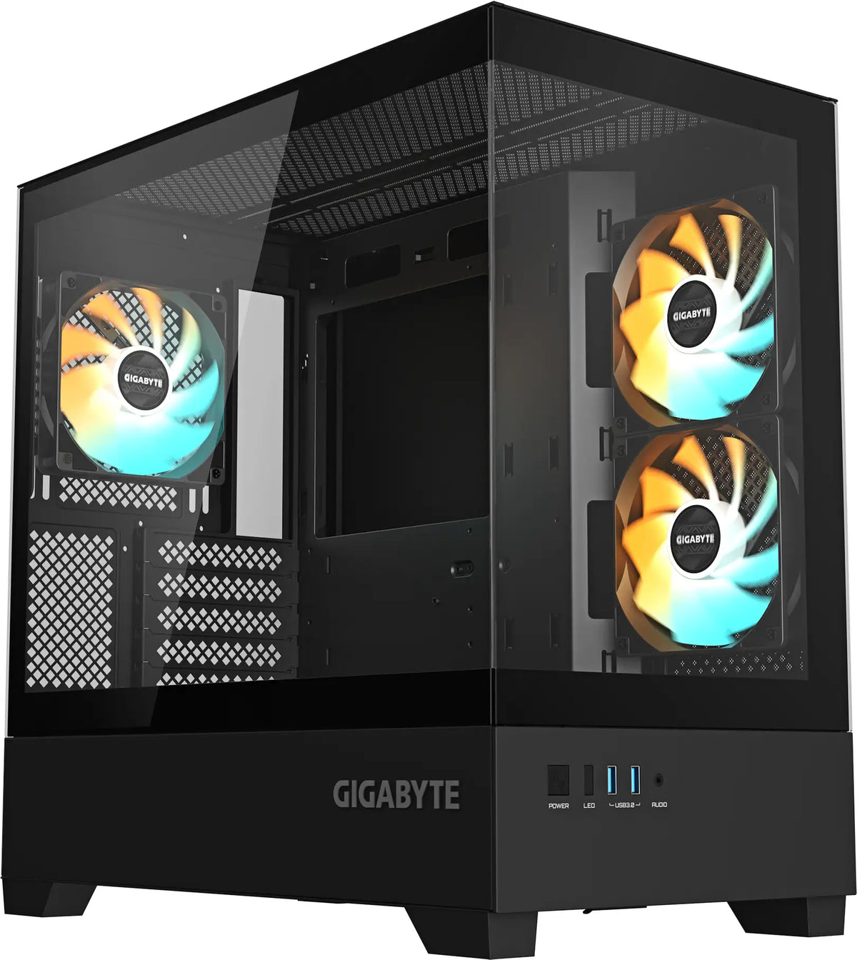 Illustrative Gigabyte C201 Panoramic case in black for the PC Mart Core Ultra 5 225F desktop. Internal components are not shown.