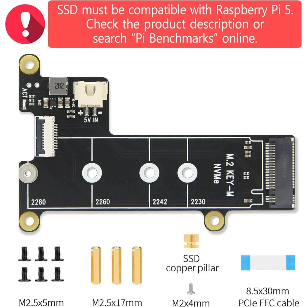 PC Mart Mini Case for Raspberry Pi 5 with M.2 NVMe SSD PCIe HAT and Active RGB Lighting Cooler (Black + HAT[X1001])