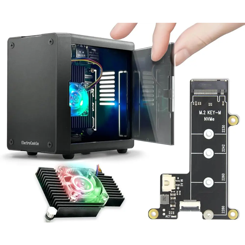 PC Mart Mini Case for Raspberry Pi 5 with M.2 NVMe SSD PCIe HAT and Active RGB Lighting Cooler (Black + HAT[X1001])