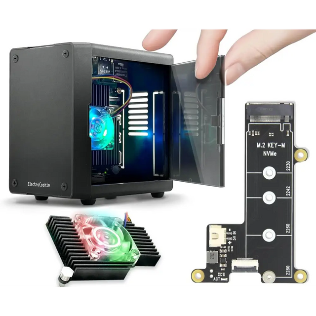 PC Mart Mini Case for Raspberry Pi 5 with M.2 NVMe SSD PCIe HAT and Active RGB Lighting Cooler (Black + HAT[X1001])