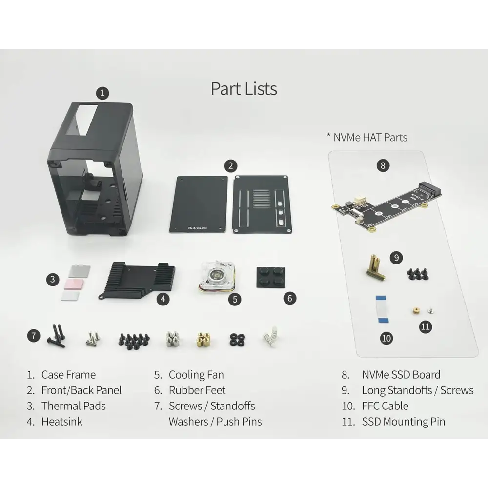 PC Mart Mini Case for Raspberry Pi 5 with M.2 NVMe SSD PCIe HAT and Active RGB Lighting Cooler (Black + HAT[X1001])