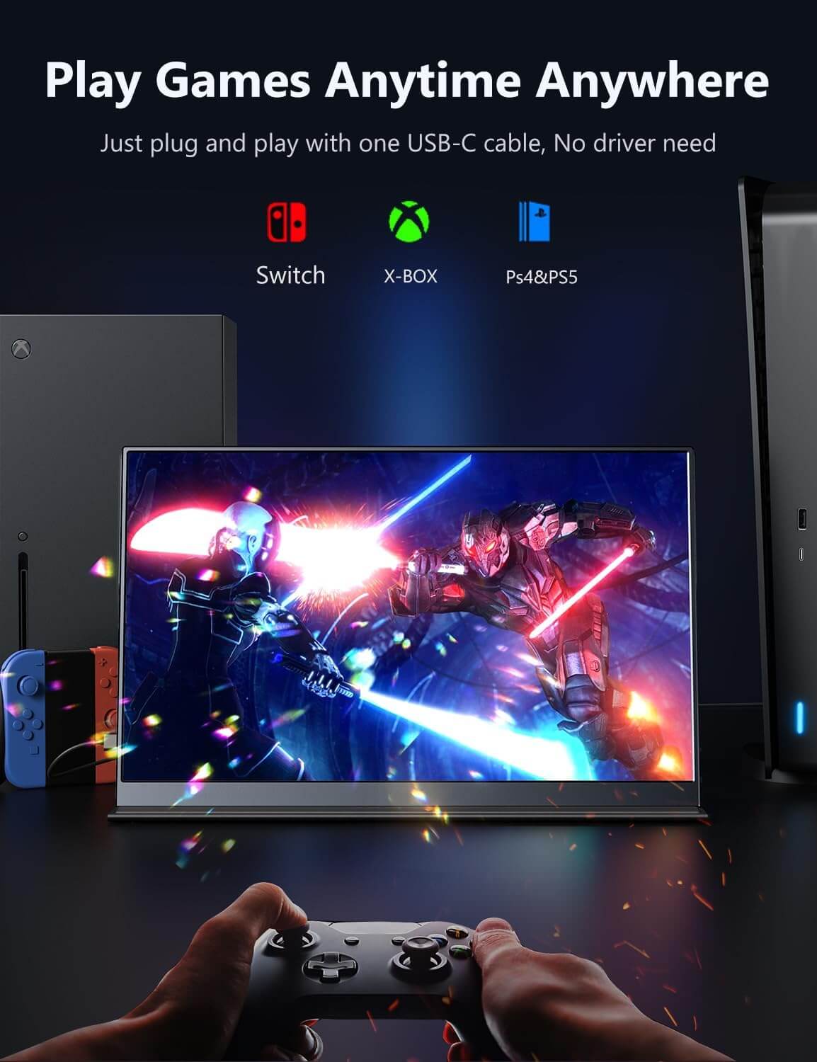 MagicRaven Portable Monitor, 15.6" 1080P Laptop Monitor, Lightweight Dual USB C HDMI Second Computer Screen, Gaming Display with Speakers, Travel Monitor for PS4/5 Xbox Switch MAC PC Phone