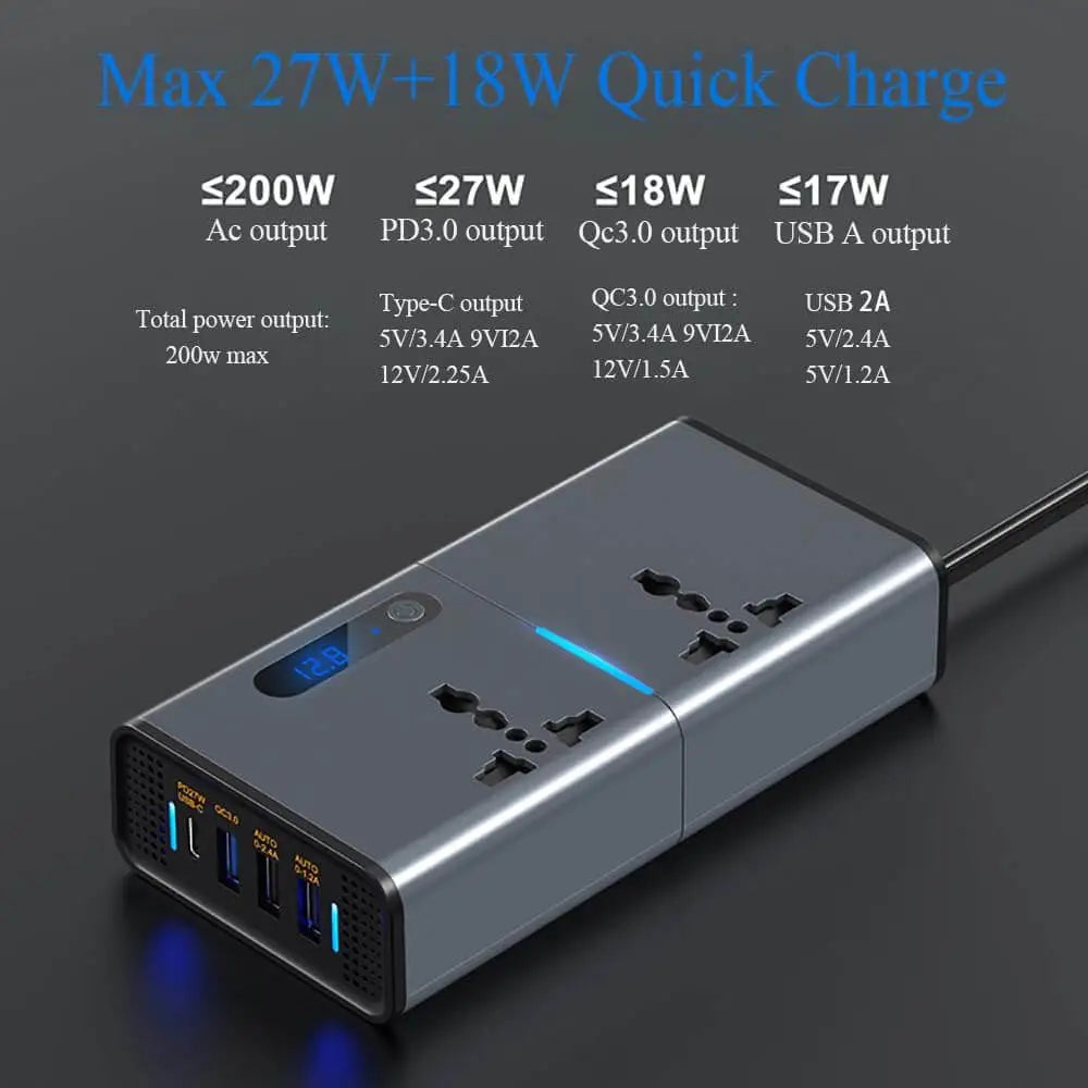 Powerful 200W Car Inverter DC 12/24V to 230V AC Inverter,3 USB 1 Type-C Ports Charger Adapter Plug Converter