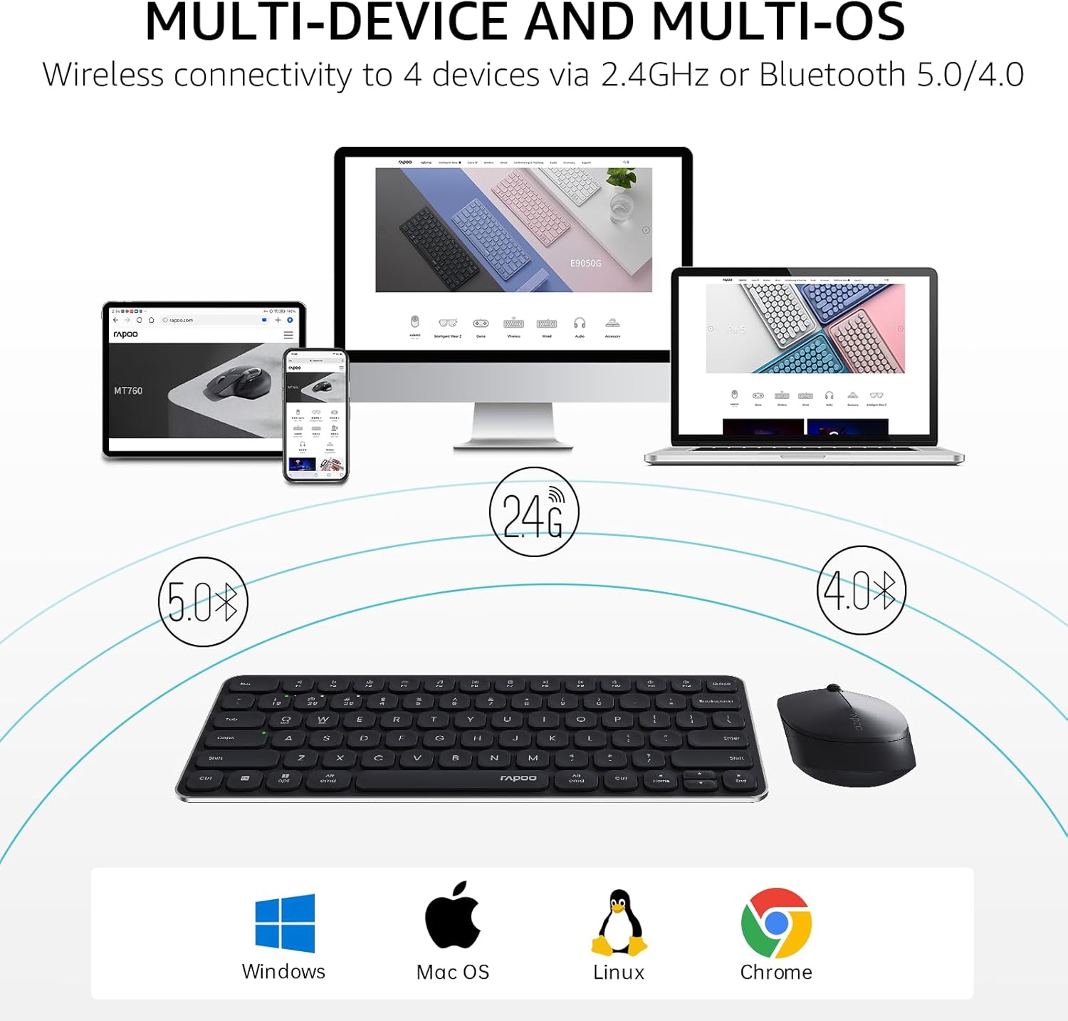 Rapoo 9010M Multi-Device Keyboard and Mouse Combo 2.4GHz/Bluetooth 5.0/4.0 Wireless & Set for Windows/Mac/Linux/Chrome