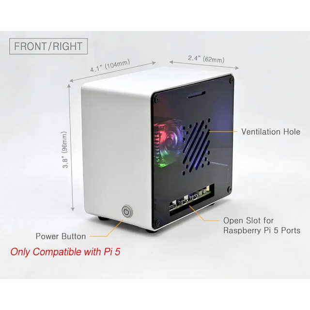 Raspberry Pi 5 Case Aluminum Mini Tower with Cooling Fan and Color Changing Ambient Light (Silver)