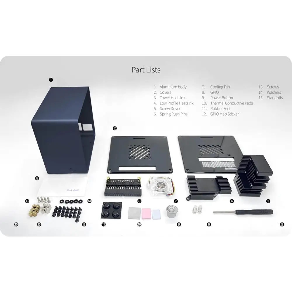 Raspberry Pi 5 Case Aluminum Mini Tower with Cooling Fan and Color Changing Ambient Light (Blue)