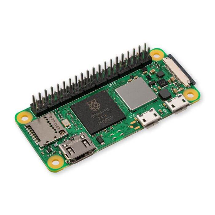 Raspberry Pi Zero 2 W with pre-soldered male headers, ideal for compact projects and robotics.