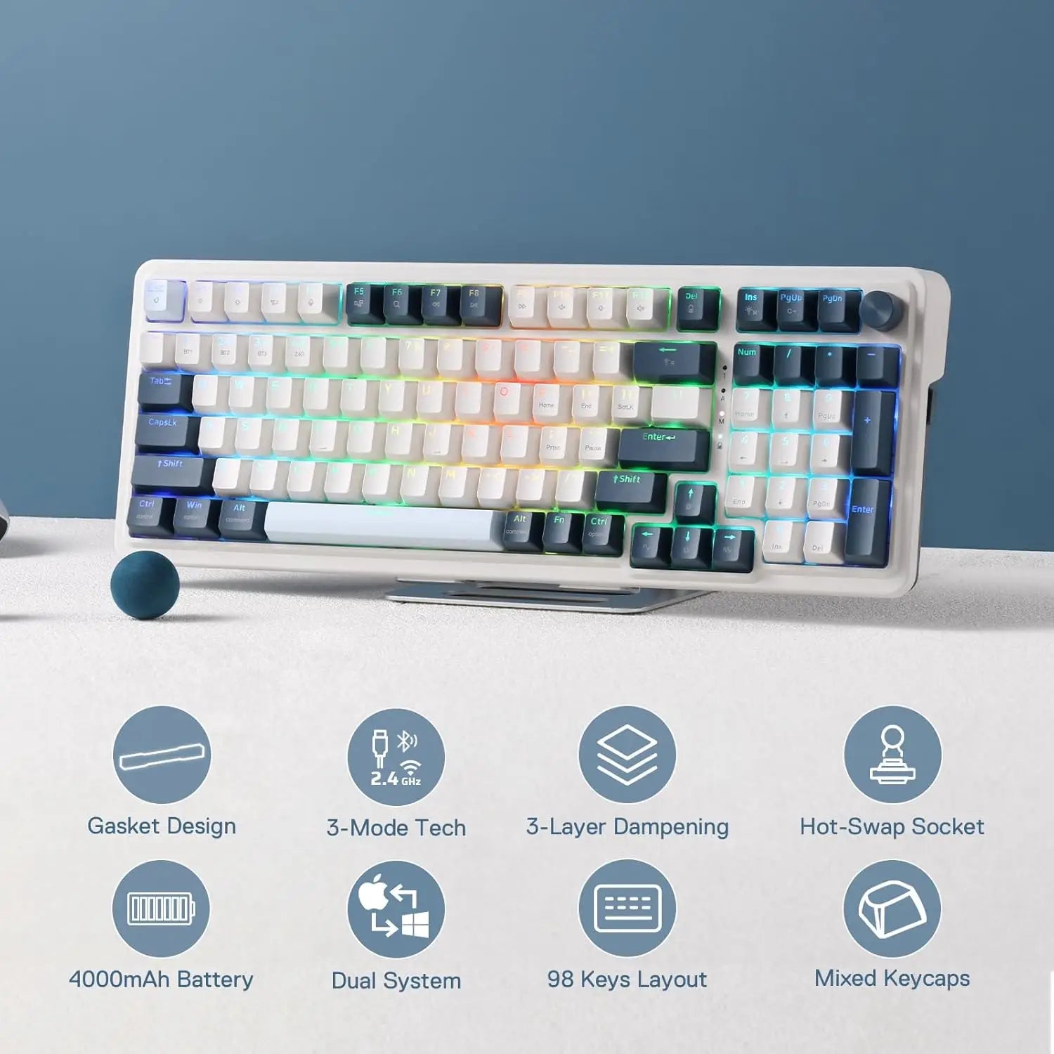 Redragon K686 PRO 98 Keys Wireless Gasket RGB Gaming Keyboard 3-Mode Win/Mac Mechanical w/5-Layer Noise Dampening