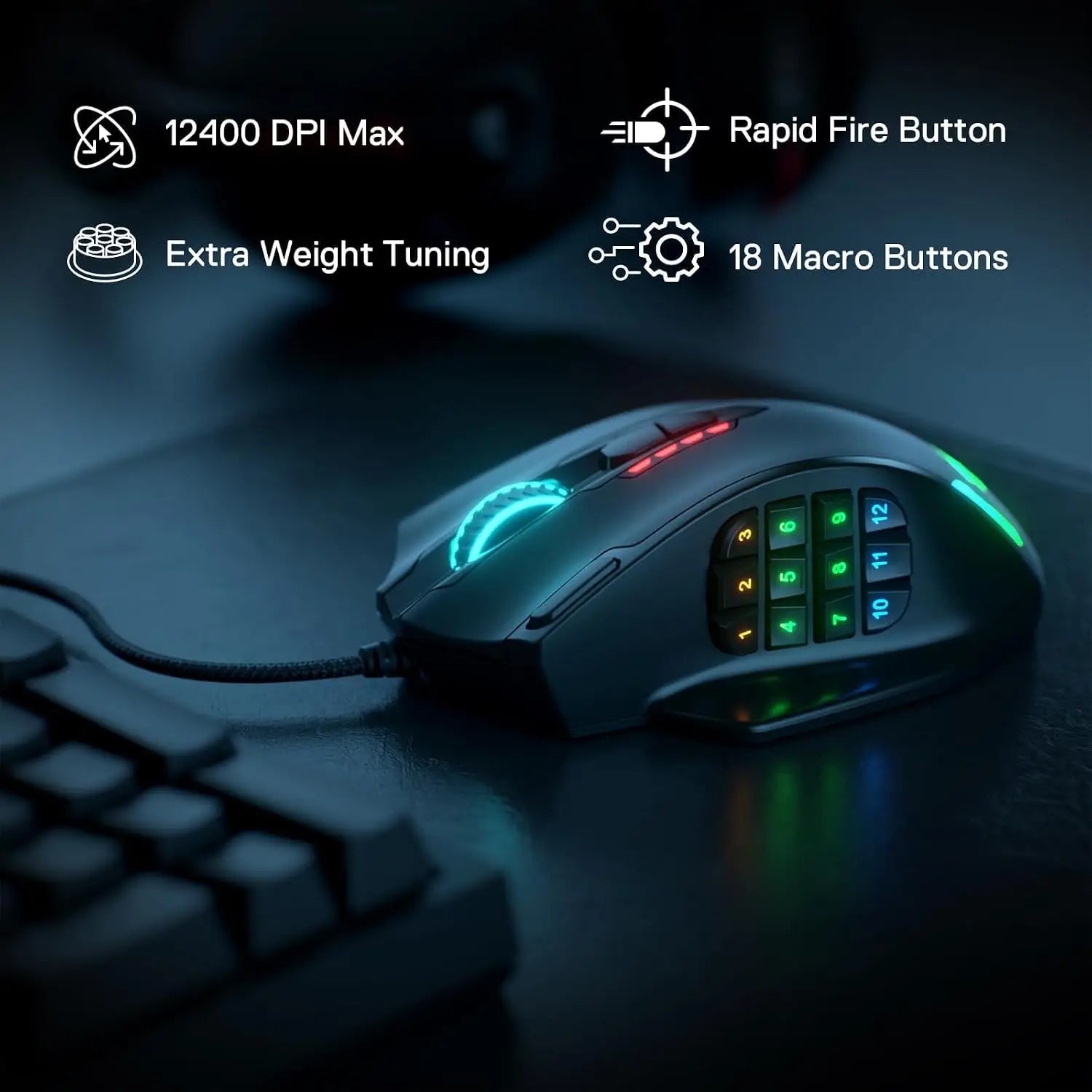 Redragon M908 Impact MMO Gaming Mouse Wired RGB with 12 Programmable Side Buttons 12,400 DPI Optical Sensor Weight
