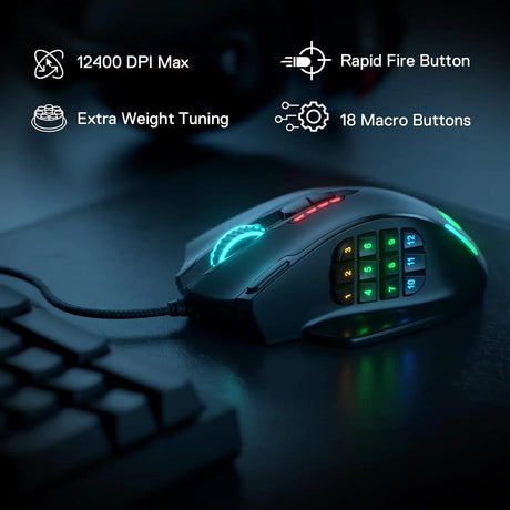 Redragon M908 Impact MMO Gaming Mouse Wired RGB with 12 Programmable Side Buttons 12,400 DPI Optical Sensor Weight