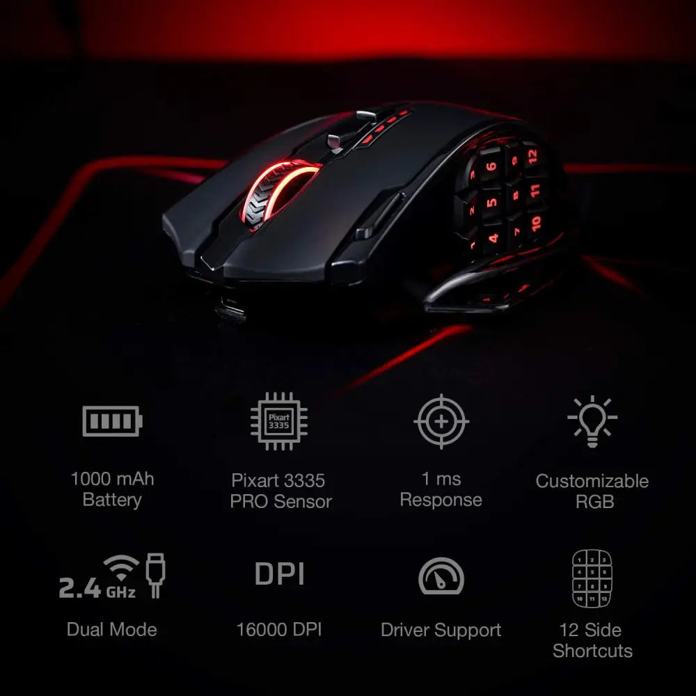 Redragon M913 Impact Elite Wireless Gaming Mouse 16000 DPI Wired/Wireless RGB with 20 Programmable Buttons 45 Hours