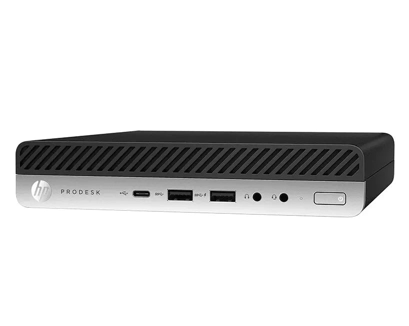 HP ProDesk micro tower PC front view showing USB, HDMI, and audio ports, designed for efficient connectivity.