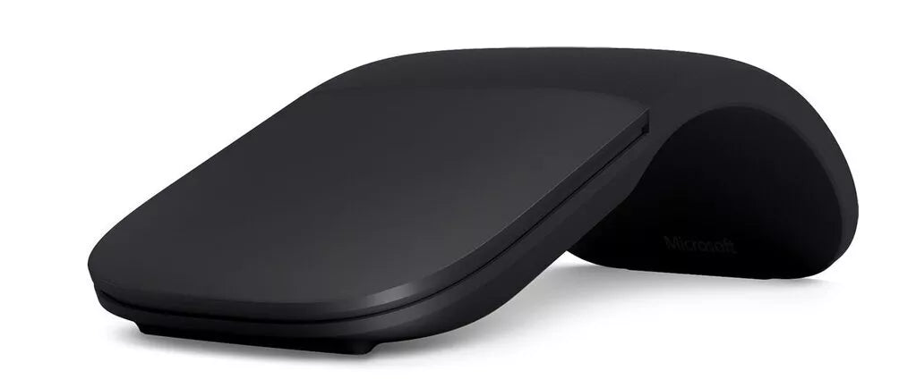 Microsoft Surface Arc Bluetooth Mouse - Black, ergonomic, touch buttons, wireless, ambidextrous design, ideal for office use.