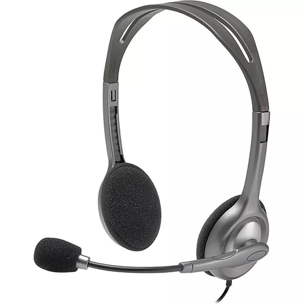 Logitech H110 Stereo Headset with adjustable microphone and padded ear cups for comfort during calls and gaming.