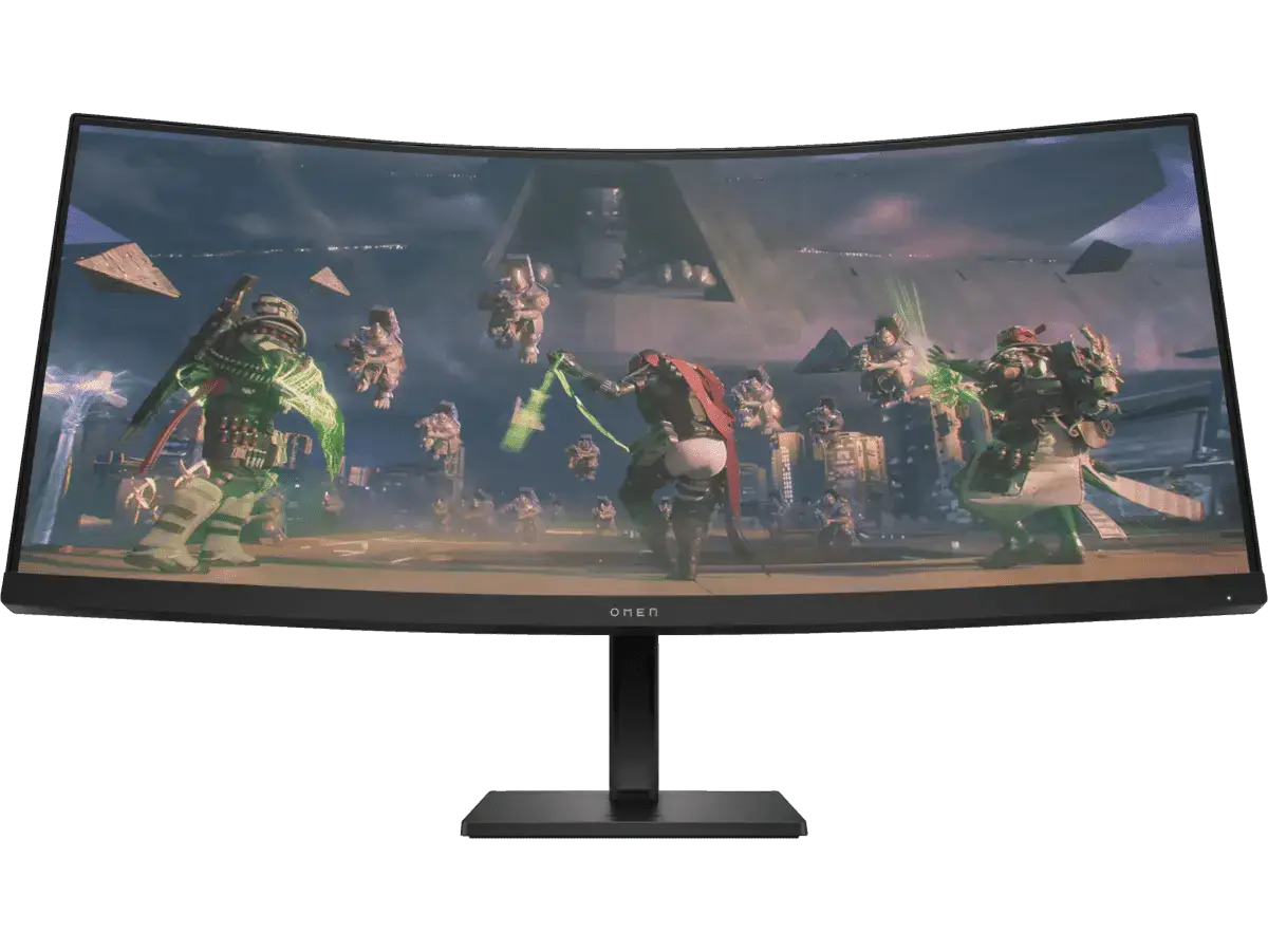 HP Omen 34 inch WQHD 165Hz curved gaming monitor displaying a futuristic game scene with vibrant graphics.