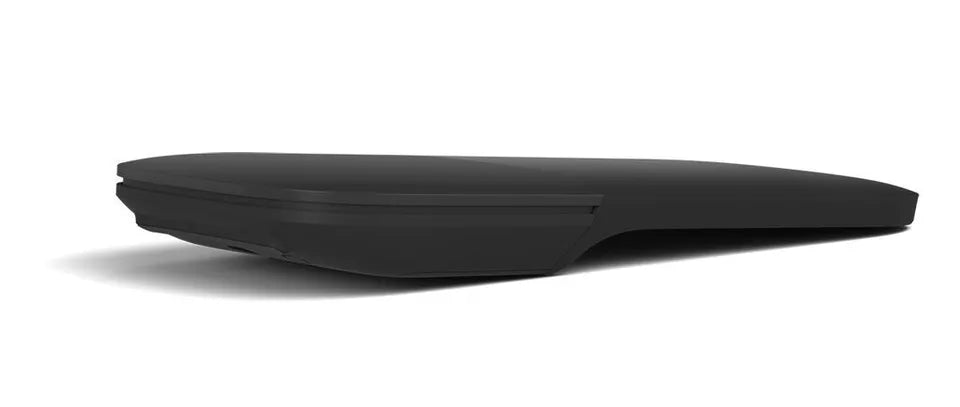 Microsoft Surface Arc Bluetooth Mouse in black, ergonomic design suitable for office use, featuring touch buttons.