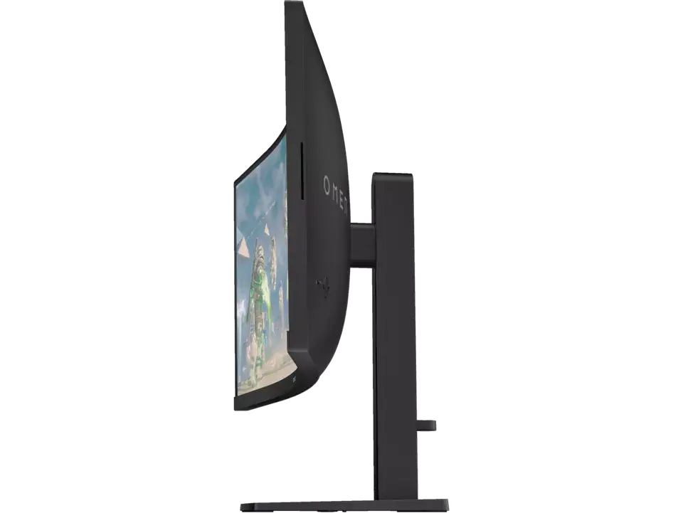 Side view of HP Omen 34 inch WQHD 165Hz Curved Gaming Monitor showing sleek design and adjustable stand