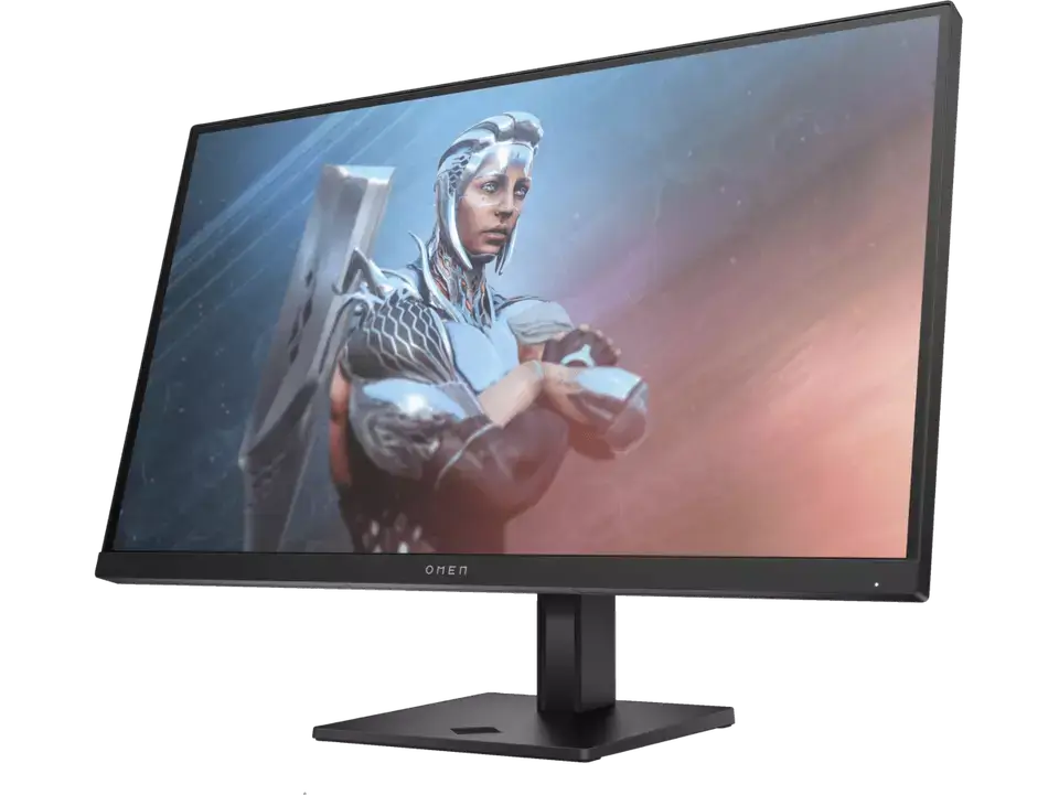 HP OMEN 27 inch FHD 165Hz Gaming Monitor with IPS display showing a high-definition gaming character in dynamic colors.