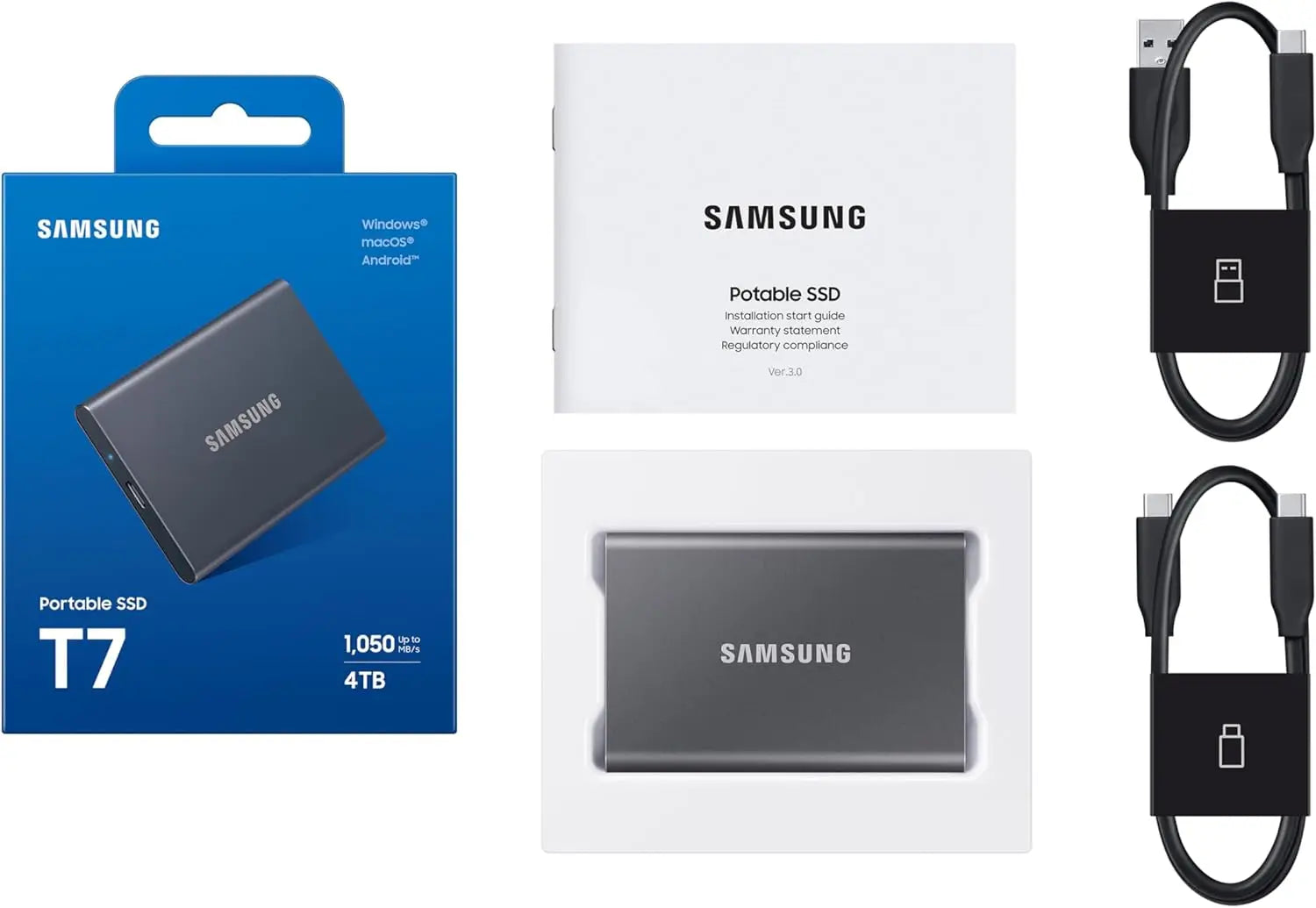 Samsung Portable External SSD T7 4TB Titan Gray USB3.2 Type-C R/W(Max) 1,050MB/s Aluminium Case 3 Years Warranty