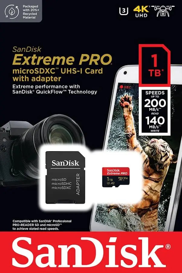 SanDisk 1TB Extreme PRO microSDXC Card + SD Adapter + RescuePRO Deluxe up to 200MB/s with A2 App Performance UHS-I